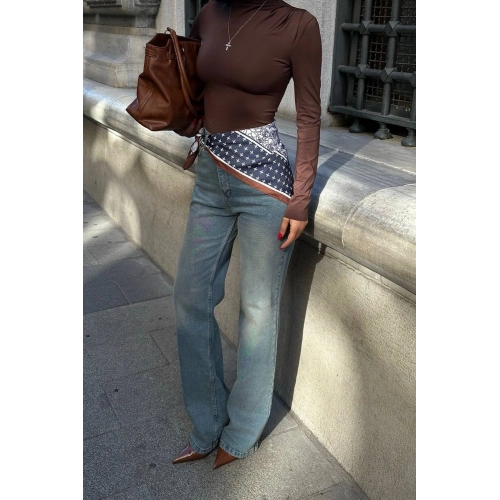 Tasarım Şal Detaylı Mavi Palazzo Kot Pantolon