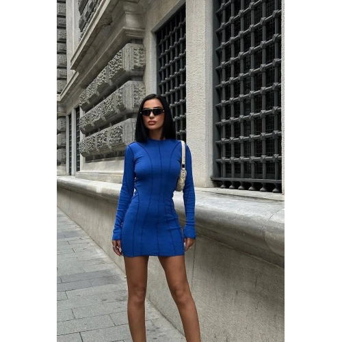 Ters Dikiş Detaylı Uzun Kollu Lacivert Mini Elbise