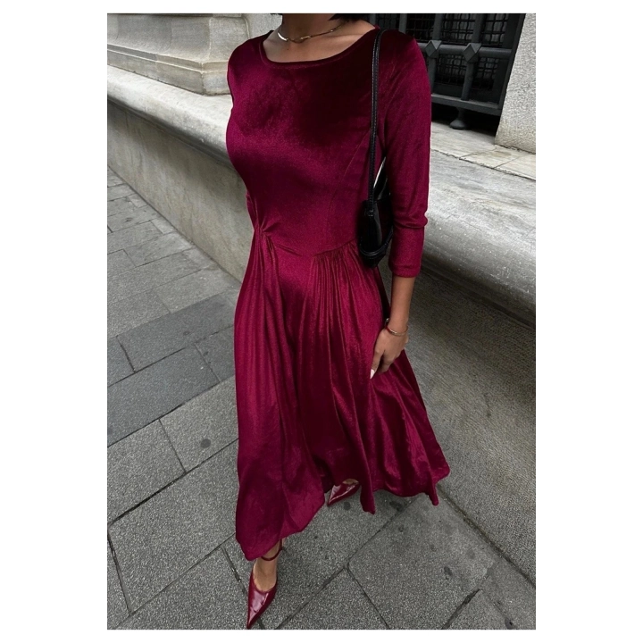 Kadın Premium Kadife Kumaş Kuşak Detaylı Bordo Maxi Boy Elbise