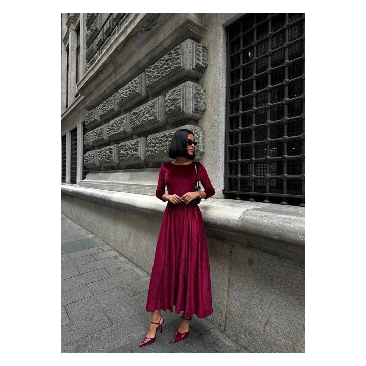 Kadın Premium Kadife Kumaş Kuşak Detaylı Bordo Maxi Boy Elbise