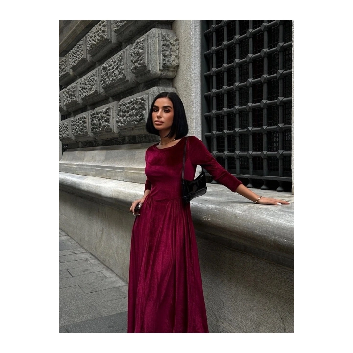 Kadın Premium Kadife Kumaş Kuşak Detaylı Bordo Maxi Boy Elbise