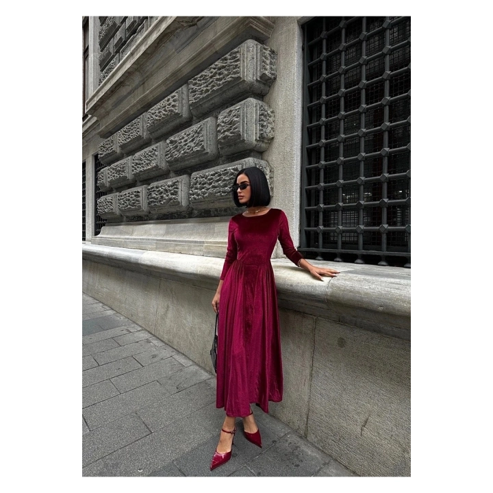 Kadın Premium Kadife Kumaş Kuşak Detaylı Bordo Maxi Boy Elbise