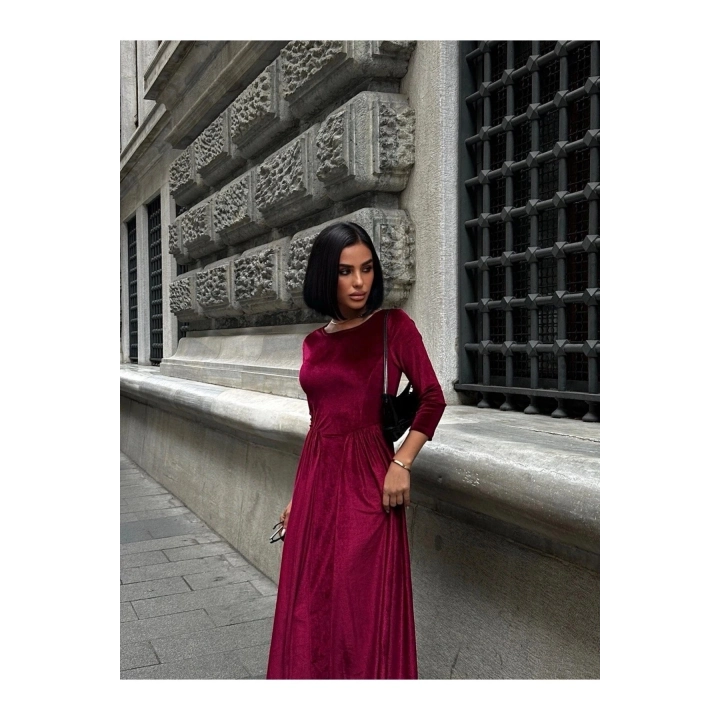 Kadın Premium Kadife Kumaş Kuşak Detaylı Bordo Maxi Boy Elbise