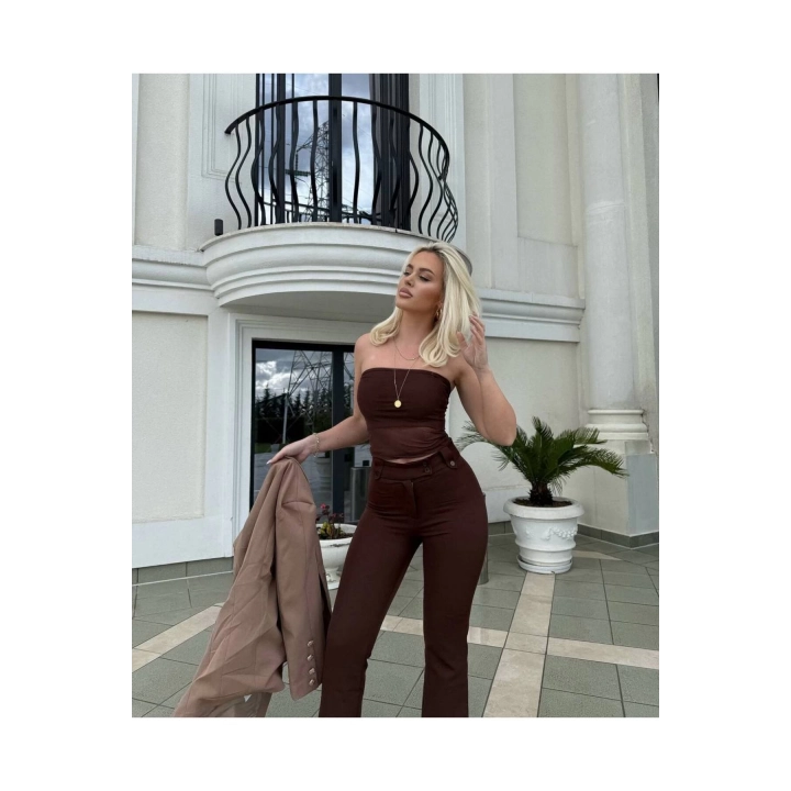 Straplez Tül Crop Kumaş Pantalon Takım