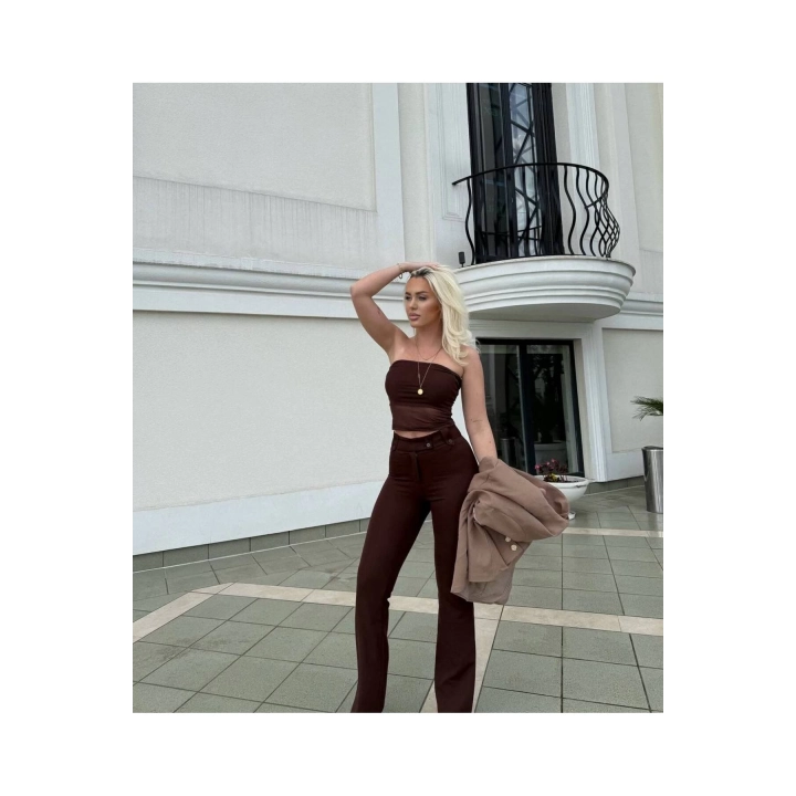 Straplez Tül Crop Kumaş Pantalon Takım