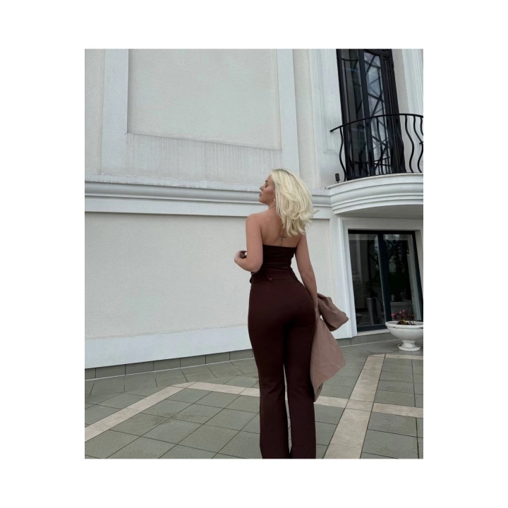 Straplez Tül Crop Kumaş Pantalon Takım