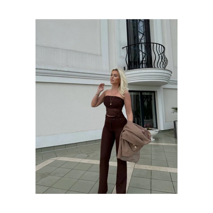 Straplez Tül Crop Kumaş Pantalon Takım