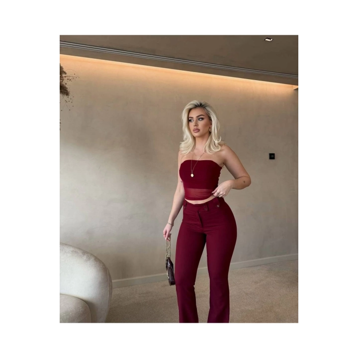 Straplez Tül Crop Kumaş Bordo Pantalon Takım