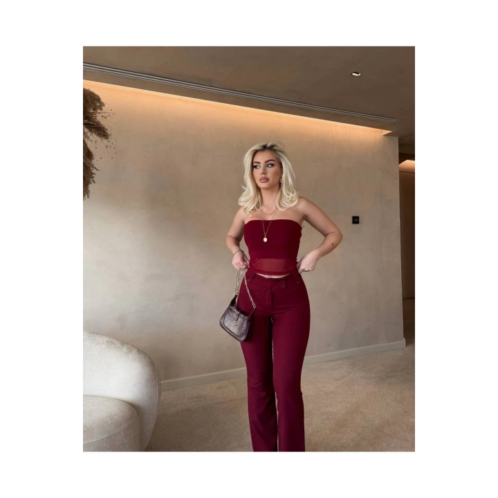 Straplez Tül Crop Kumaş Bordo Pantalon Takım