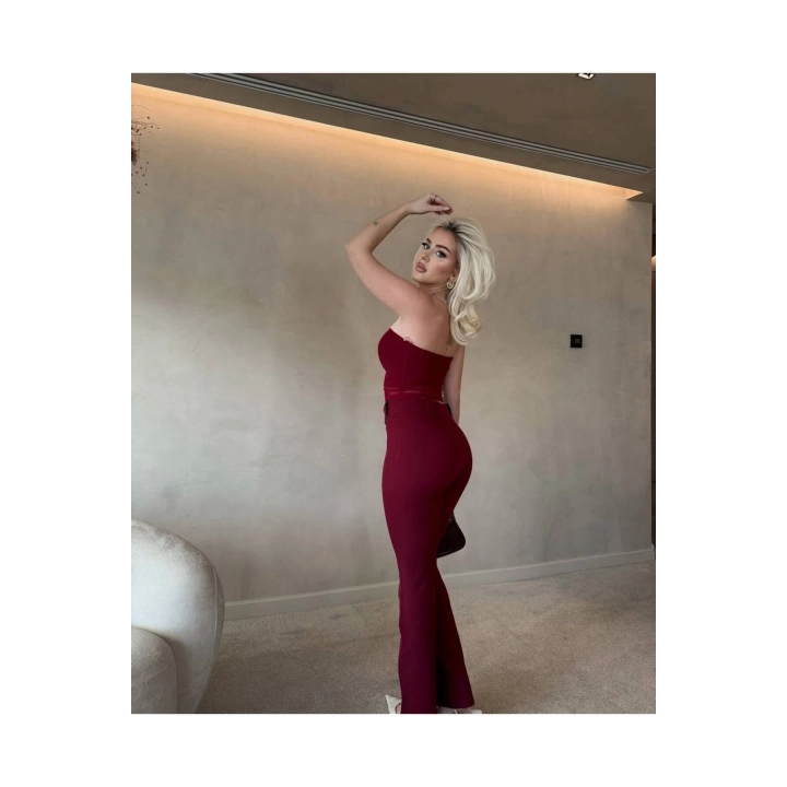 Straplez Tül Crop Kumaş Bordo Pantalon Takım