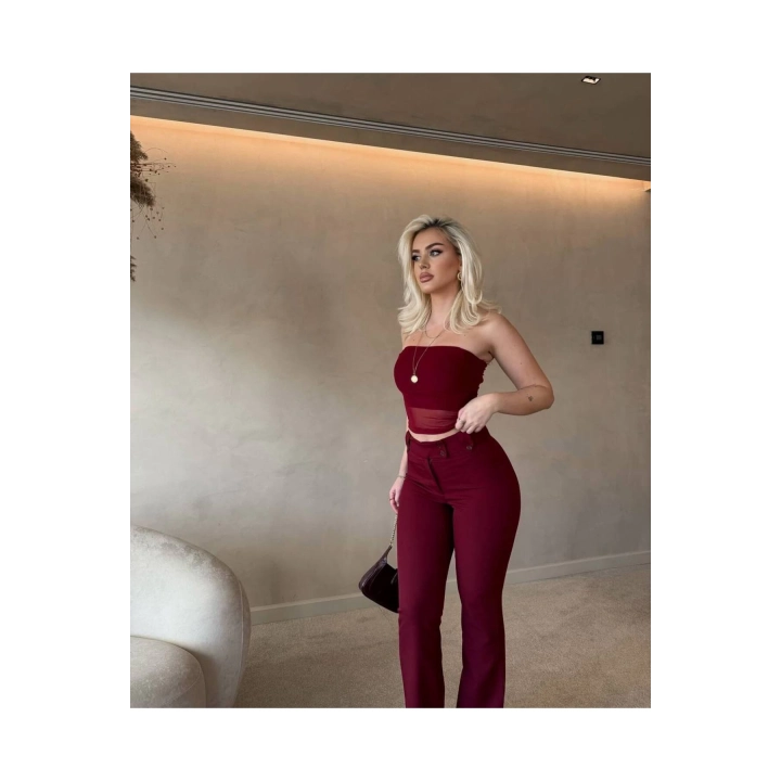 Straplez Tül Crop Kumaş Bordo Pantalon Takım