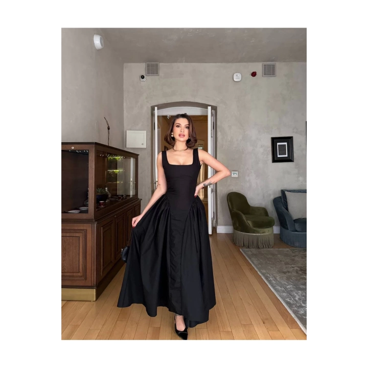 Kalın Askılı Kuşaklı Maxi Siyah Poplin Elbise