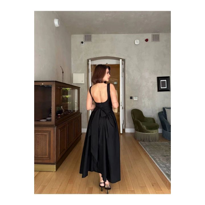 Kalın Askılı Kuşaklı Maxi Siyah Poplin Elbise