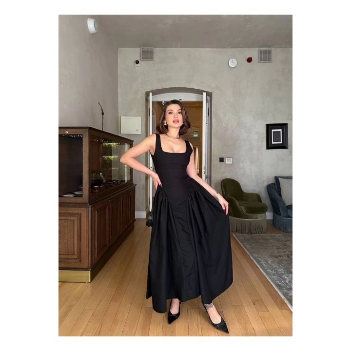 Kalın Askılı Kuşaklı Maxi Siyah Poplin Elbise
