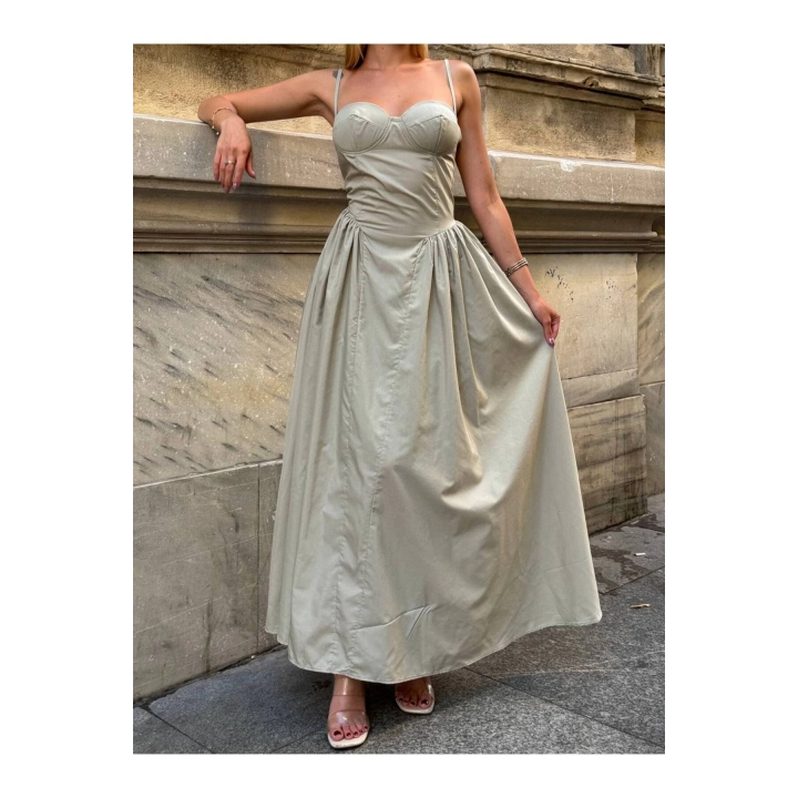 Prenses İnce Askılı Kalp Yaka Uzun Su Yeşili Elbise