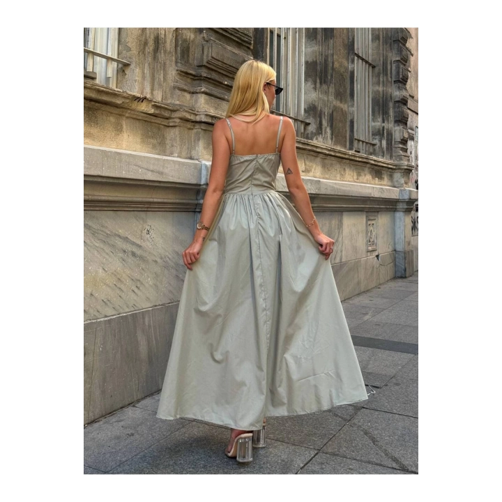 Prenses İnce Askılı Kalp Yaka Uzun Su Yeşili Elbise