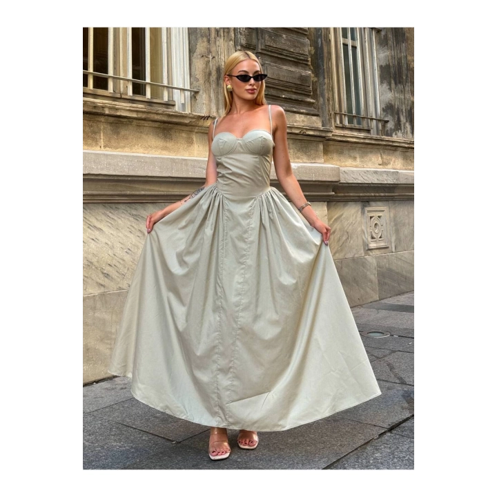 Prenses İnce Askılı Kalp Yaka Uzun Su Yeşili Elbise