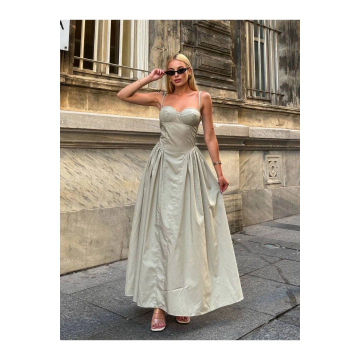 Prenses İnce Askılı Kalp Yaka Uzun Su Yeşili Elbise