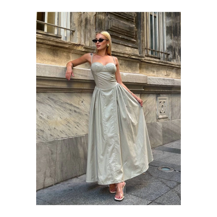 Prenses İnce Askılı Kalp Yaka Uzun Su Yeşili Elbise