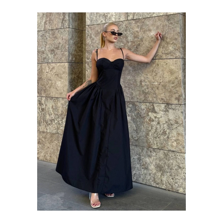 Prenses İnce Askılı Kalp Yaka Uzun Elbise