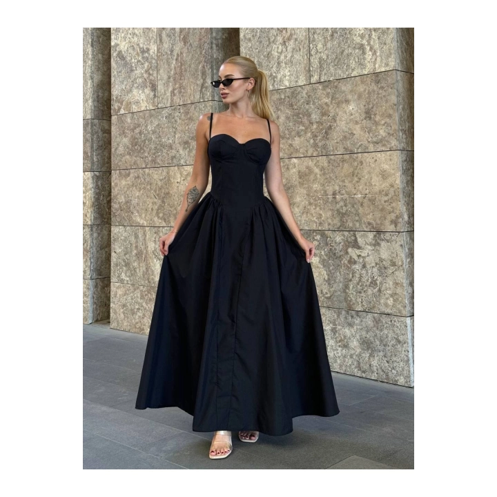 Prenses İnce Askılı Kalp Yaka Uzun Elbise