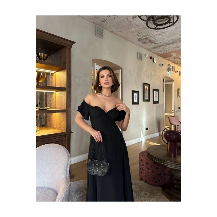 Off-Shoulder Siyah Maxi Elbise