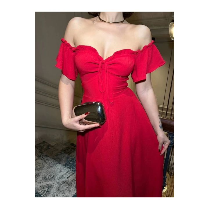 Off-Shoulder Kadın Maxi Boy Aerobin Kumaş Sırt Detaylı Tam Kalıp Elbise