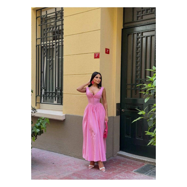 Kalın Askılı Büzgü Detaylı Korsaj Form Elbise