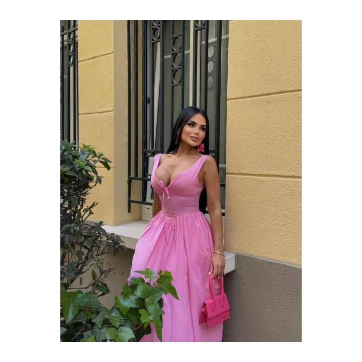 Kalın Askılı Büzgü Detaylı Korsaj Form Elbise