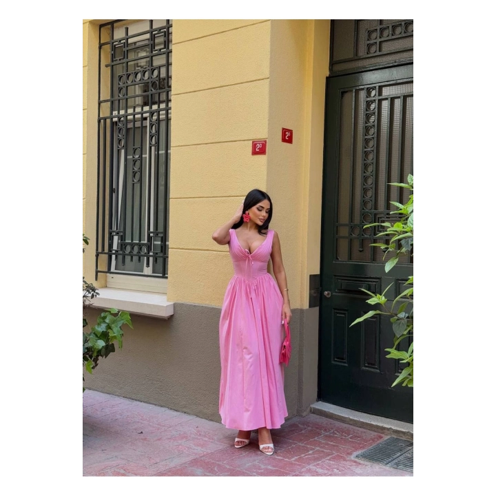 Kalın Askılı Büzgü Detaylı Korsaj Form Elbise