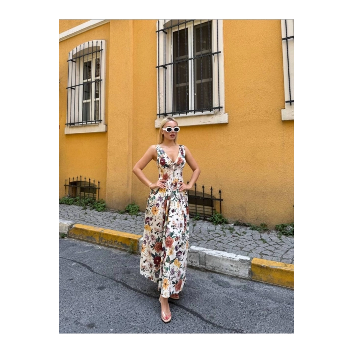 Kalın Askılı Korse Görünümlü Sırt Detaylı Çiçek Desenli Elbise