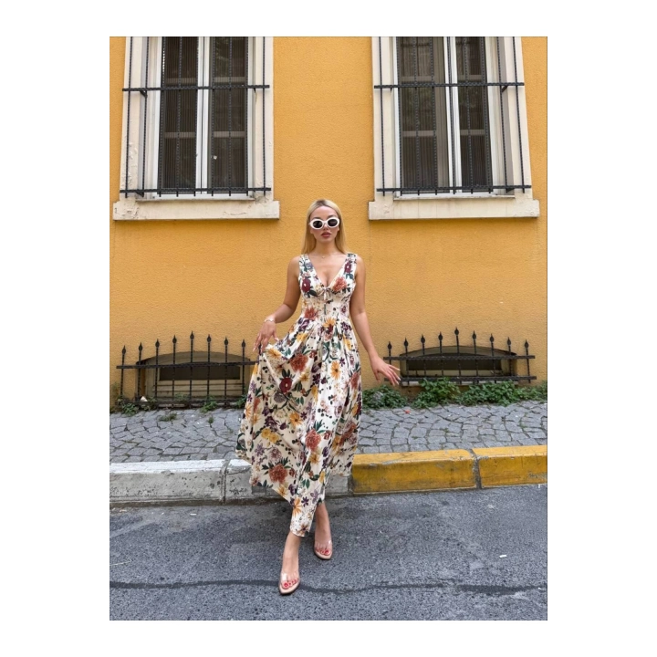 Kalın Askılı Korse Görünümlü Sırt Detaylı Çiçek Desenli Elbise