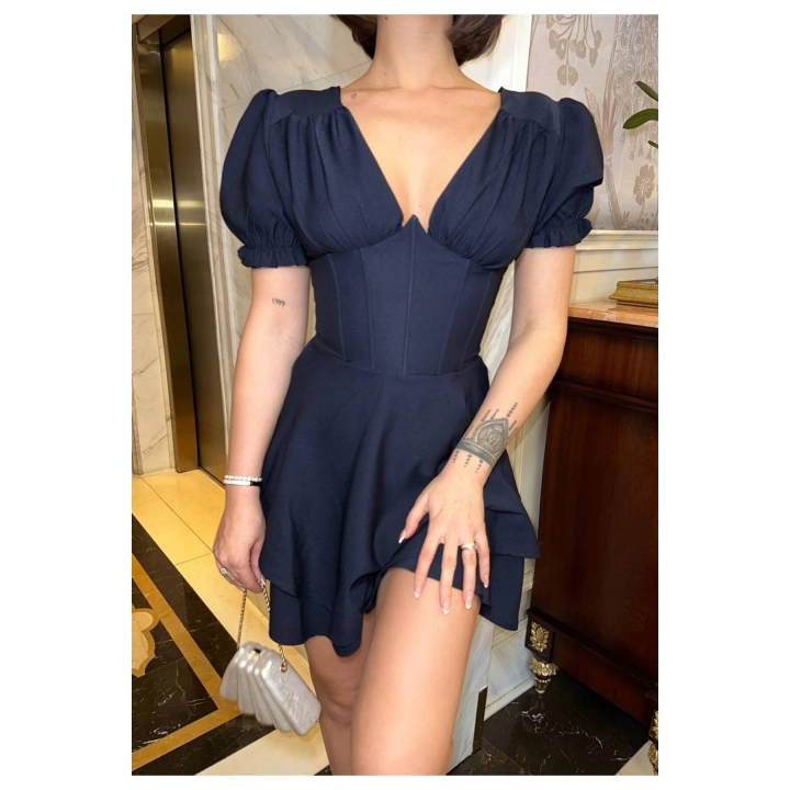 Korse Detaylı Kat Etekli V Yaka Mini Lacivert Elbise