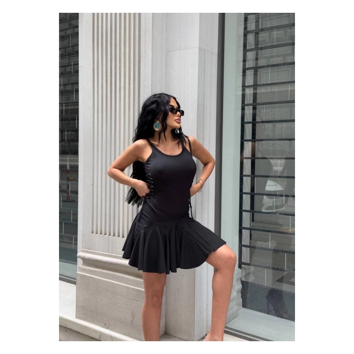 Yandan Büzgülü Askılı Fit & Fırfırlı Mini Elbise