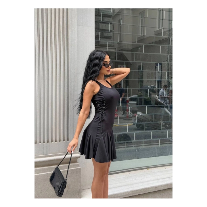 Yandan Büzgülü Askılı Fit & Fırfırlı Mini Elbise