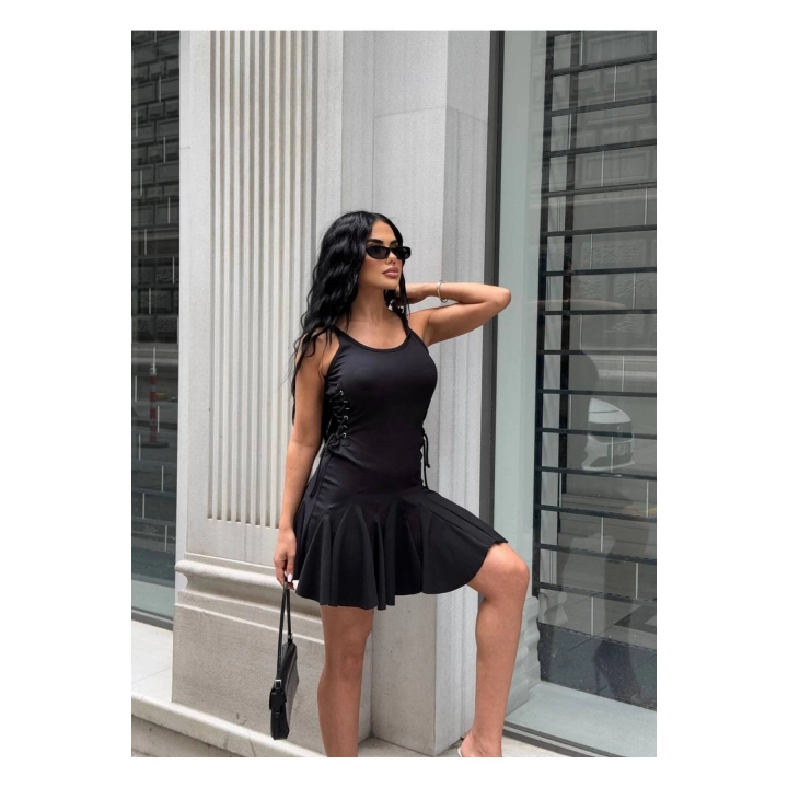 Yandan Büzgülü Askılı Fit & Fırfırlı Mini Elbise