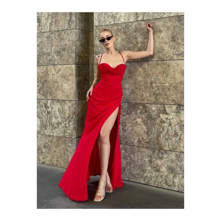 Askılı Göğüs Drape Detaylı Maxi Elbise