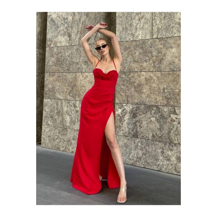 Askılı Göğüs Drape Detaylı Maxi Elbise