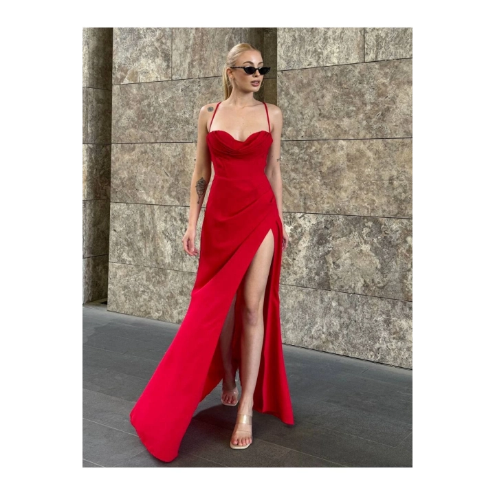 Askılı Göğüs Drape Detaylı Maxi Elbise