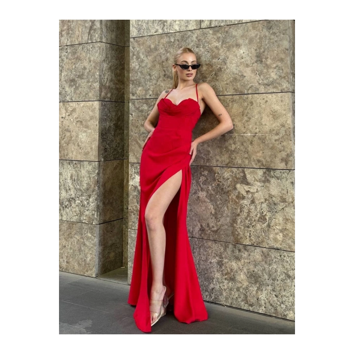 Askılı Göğüs Drape Detaylı Maxi Elbise