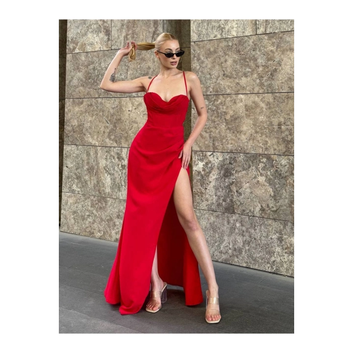 Askılı Göğüs Drape Detaylı Maxi Elbise