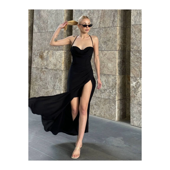 Askılı Göğüs Drape Detaylı Maxi Elbise