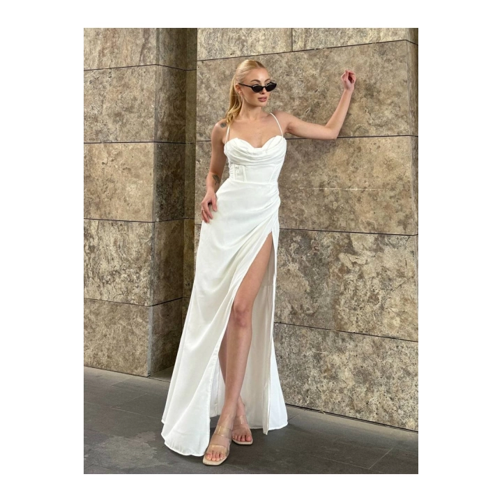 Askılı Göğüs Drape Detaylı Maxi Elbise