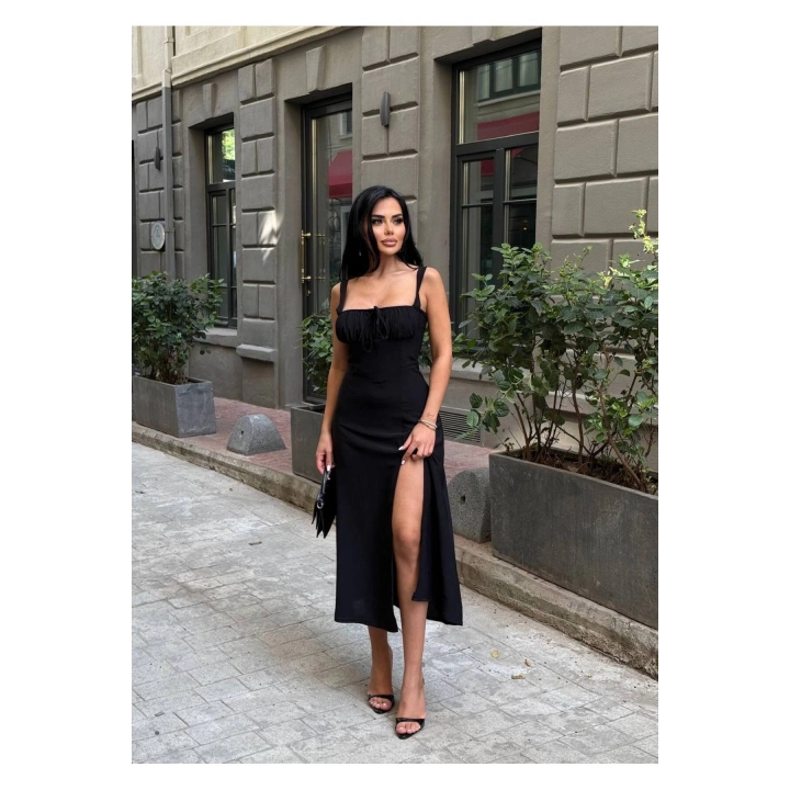 Askılı Uzun Drapeli Elbise