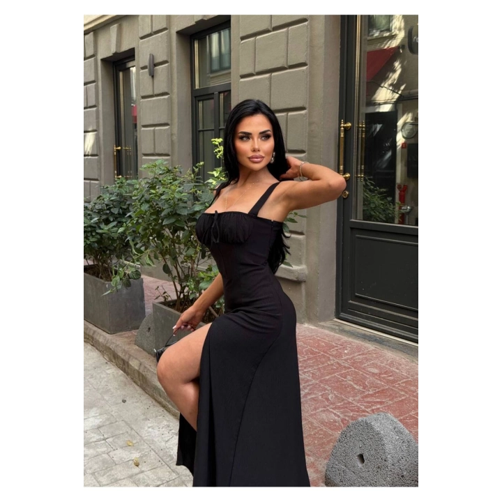 Askılı Uzun Drapeli Elbise