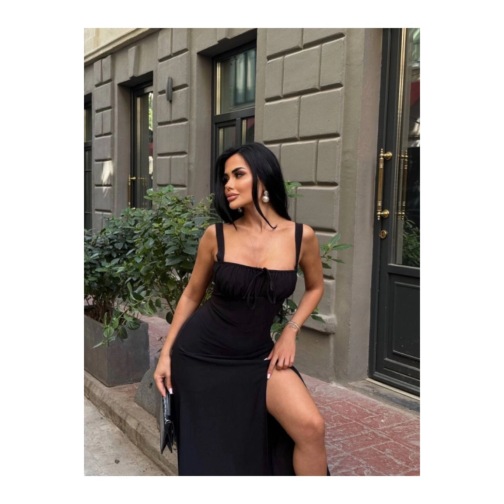 Askılı Uzun Drapeli Elbise