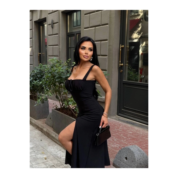 Askılı Uzun Drapeli Elbise