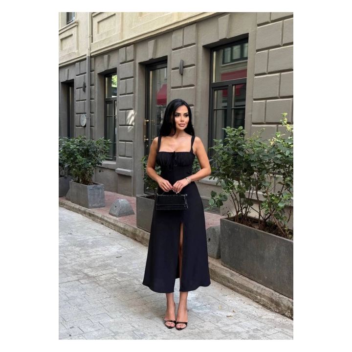 Askılı Uzun Drapeli Elbise