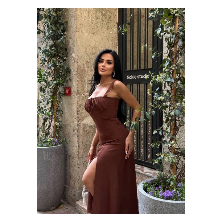 Askılı Uzun Drapeli Elbise