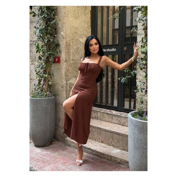 Askılı Uzun Drapeli Elbise